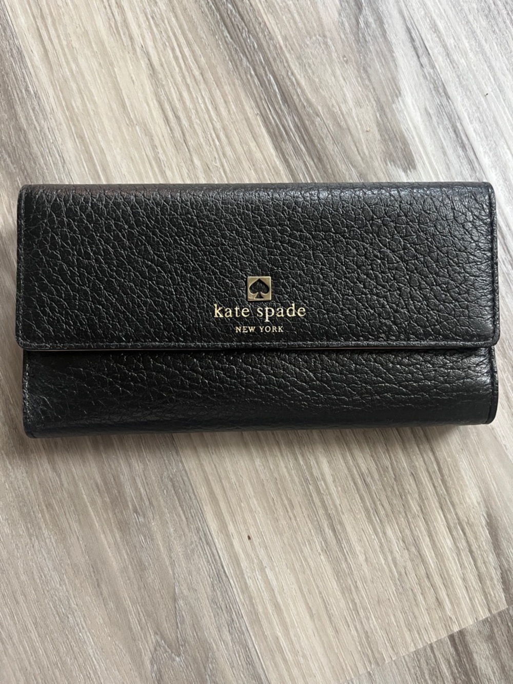 kate spade Black Pebbled Leather Fold Wallet with Gold Logo